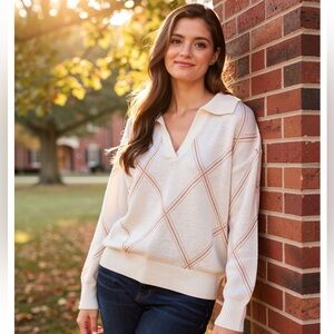 NWT T Tahari V-Neck Argyle Sweater in Ivory Cream and Tan size Small